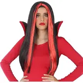 Bigbuy Heksenpruik lang haar - zwart/rood - dames - Halloween - Duivel - Vampier