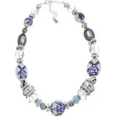 Behave - Ketting met delftsblauw design - Modeaccessoire met decoratieve en facet geslepen kralen - Lengte 47 cm (+verlengketting 6 cm)
