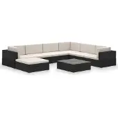 The Living Store Living Store loungeset voor in de tuin, 8-delig, met kussens, van polyrotan, zwart