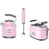WESTINGHOUSE Retro 3-delige Set – Waterkoker 1,7L + Broodrooster 2 Sneden + Staafmixer – Roze