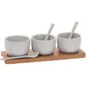 Eh Excellent Houseware Schaaltjes - 3x - wit - porselein - op houten serveerplank - 21 cm - Amuse/tapas/saus - Kommetjes met lepeltjes