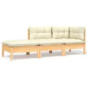 vidaXL 3-delige Loungeset met crèmekleurige kussens massief grenenhout