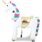 Vrooomy Eenhoorn op wielen, kinderrijdier, klein (4–6 jaar) – Mechanisch paard met galopfunctie en stuur – Pluche rijdiertje voor binnen en buiten – Regenboogkleuren
