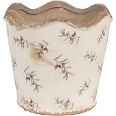 Clayre & Eef Bloempot Binnen Ø 16x15 cm Beige Blauw Keramiek Olijven Plantenpot Beige Plantenpot