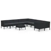 vidaXL 11-delige Loungeset met kussens poly rattan zwart