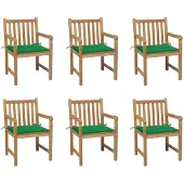 vidaXL Tuinstoelen, 6 stuks, met groene kussens, massief teakhout