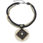 Behave Dames Ketting - AB Glas Stenen, Gouden Gourmette Ketting, Zwart Koord
