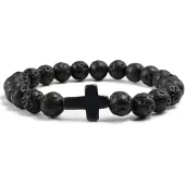 Memphis Kralen Armband met Natuursteen Kruis - Zwart Lava