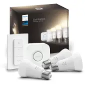 Philips Hue White Kit de Démarrage E27 avec 3 Ampoules, Variateur + Bridge