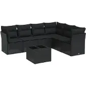 vidaXL 7-delige Loungeset met kussens poly rattan zwart