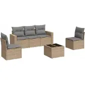 vidaXL 6-delige Loungeset met kussens poly rattan beige