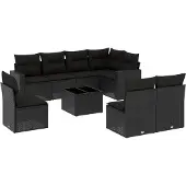vidaXL 9-delige Loungeset met kussens poly rattan zwart