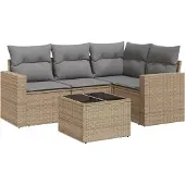 vidaXL 5-delige Loungeset met kussens poly rattan beige
