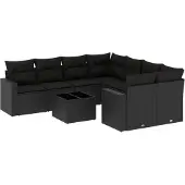 vidaXL 9-delige Loungeset met kussens poly rattan zwart