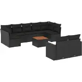 vidaXL 10-delige Loungeset met kussens poly rattan zwart