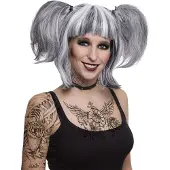 Funny fashion &nbsp;Funny Fashion Gothic/Halloween damespruik met staartjes - grijs - famous caracters - Verkleedpruiken