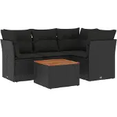 vidaXL 5-delige Loungeset met kussens poly rattan zwart