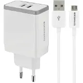 Mobiparts USB-A thuislader met 2 poorten en losse USB Micro B kabel - Smart IC - 2,4A / wit - 1 meter