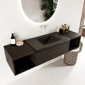 Mondiaz bukla 160 cm badmeubel met open module 40 l+r kleur dark brown met 2 lades. Wastafel cloud midden 0 kraangaten kleur urban.