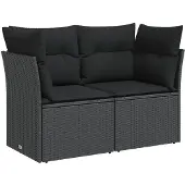 vidaXL Tuinbank met kussens 2-zits zwart poly rattan