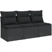 vidaXL Tuinbank met kussens 3-zits zwart poly rattan