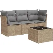 vidaXL 4-delige Loungeset met kussens poly rattan beige