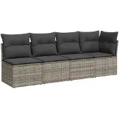 vidaXL Tuinbank 4-zits met kussens poly rattan grijs