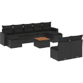 vidaXL 10-delige Loungeset met kussens poly rattan zwart