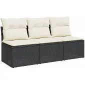 vidaXL Tuinbank 3-zits met kussens poly rattan zwart