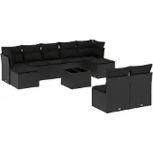 vidaXL 10-delige Loungeset met kussens poly rattan zwart