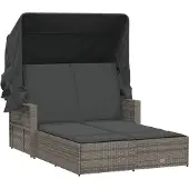 vidaXL Ligbed 2-persoons met luifel en kussens poly rattan grijs