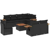 vidaXL 9-delige Loungeset met kussens poly rattan zwart