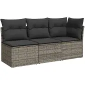 vidaXL Tuinbank 3-zits met kussens poly rattan grijs