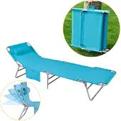 SoBuy Ligstoel Blauw – Opvouwbare Verstelbare Tuinligstoel met Hoofdsteun en Opbergzak – 57 x 72 x 14 cm Ingeklapt