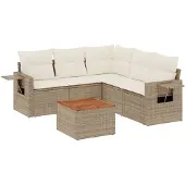 vidaXL 6-delige Loungeset met kussens poly rattan beige