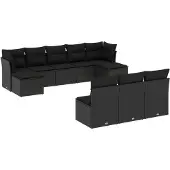 vidaXL 10-delige Loungeset met kussens poly rattan zwart