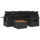 vidaXL 5-delige Loungeset met kussens poly rattan zwart