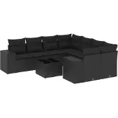 vidaXL 9-delige Loungeset met kussens poly rattan zwart