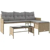 vidaXL Tuinbank met tafel en kussens L-vormig poly rattan beige