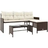vidaXL Tuinbank met tafel en kussens L-vormig poly rattan bruin