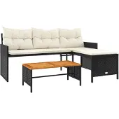 vidaXL Tuinbank met tafel en kussens L-vormig poly rattan zwart