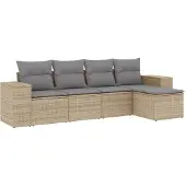 vidaXL 5-delige Loungeset met kussens poly rattan beige