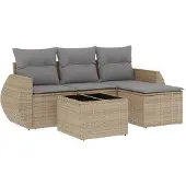 vidaXL 5-delige Loungeset met kussens poly rattan beige