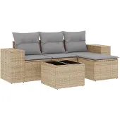 vidaXL 5-delige Loungeset met kussens poly rattan beige