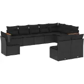 vidaXL 10-delige loungeset voor de tuin met kussens, zwart, polyrotan