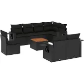 vidaXL 9-delige Loungeset met kussens poly rattan zwart