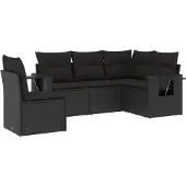 vidaXL 5-delige Loungeset met kussens poly rattan zwart