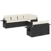 vidaXL 7-delige tuinmeubelset met kussens, zwart, polyrotan