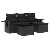 vidaXL 4-delige Loungeset met kussens poly rattan zwart