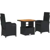 vidaXL 3-delige Tuinset met kussens poly rattan zwart